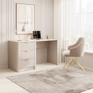 Стол компьютерный, письменный Perfect Home Ланте / Lante 3S/140 с 3 ящиками и золотыми ручьями Беж реальная фотография