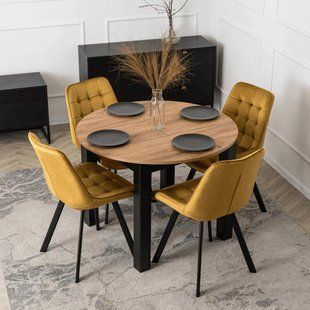 Комплект стол MEBEL ELITE HARRY 102(142)х102 см дубовый/черный, и 4 стульев RICK, горчичный реальная фотография