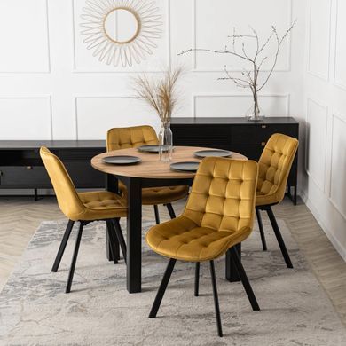 Комплект стол MEBEL ELITE HARRY 102(142)х102 см дубовый/черный, и 4 стульев RICK, горчичный реальная фотография
