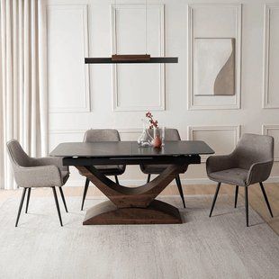 Комплект стол MEBEL ELITE ALICANTE 160(200)х90 см Черный/Орех и 4 стула EDRICK Коричневый реальная фотография