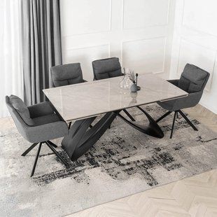 Комплект стола MEBEL ELITE LUIGI 160(240)х90 см серый мрамор/черный и 4 стульев PAUL темно-серого цвета реальная фотография