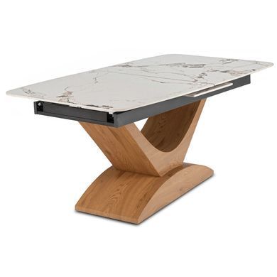 Стол раскладной MEBEL ELITE ALICANTE 160(200)х90 см Белый мрамор/Дуб реальная фотография