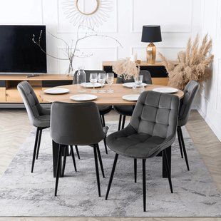 Комплект стол MEBEL ELITE HARRY 102(142)х102 см, дубовый/черный, и 6 стульев CHRIS серого цвета реальная фотография