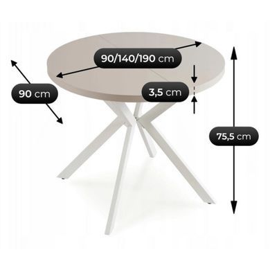 Стіл розкладний круглий MEBEL ELITE LUGO 90(190)х90 см Кашемір/білий жива фотографія
