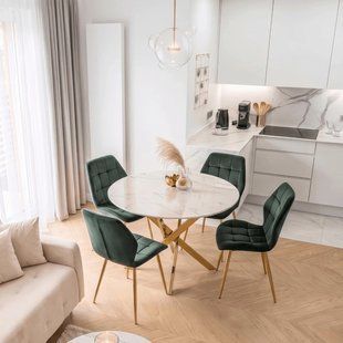 Комплект стола MEBEL ELITE BALI 100х100 см белый мрамор/золото и 4 зеленых стульев LUCKY с золотыми ножками реальная фотография