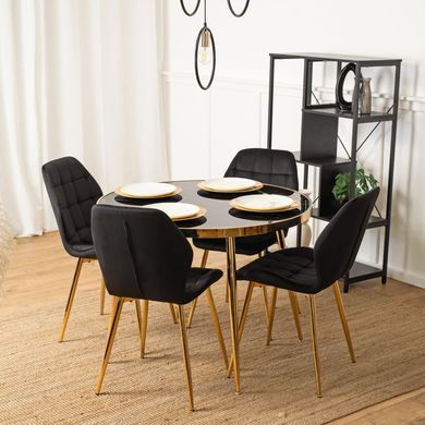 Комплект стола MEBEL ELITE TINGA 100х100 см Черный/золото +4 стулья LUCKY Velvet Черный/золото реальная фотография