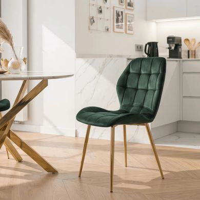 Комплект стола MEBEL ELITE BALI 100х100 см белый мрамор/золото и 4 зеленых стульев LUCKY с золотыми ножками реальная фотография
