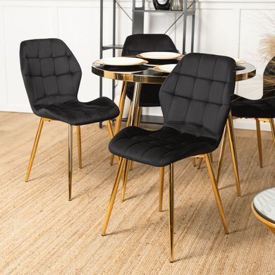 Комплект стола MEBEL ELITE TINGA 100х100 см Черный/золото +4 стулья LUCKY Velvet Черный/золото реальная фотография