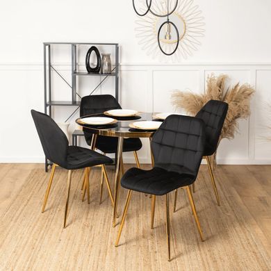 Комплект стола MEBEL ELITE TINGA 100х100 см Черный/золото +4 стулья LUCKY Velvet Черный/золото реальная фотография
