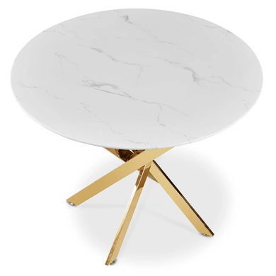 Комплект стола MEBEL ELITE BALI 100х100 см белый мрамор/золото и 4 зеленых стульев LUCKY с золотыми ножками реальная фотография