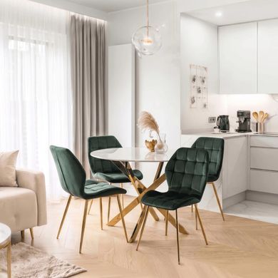 Комплект стола MEBEL ELITE BALI 100х100 см белый мрамор/золото и 4 зеленых стульев LUCKY с золотыми ножками реальная фотография