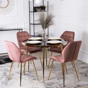 Комплект стола MEBEL ELITE TINGA 100х100 см Черный/золото +4 стулья LUCKY Velvet Розовый/золото реальная фотография