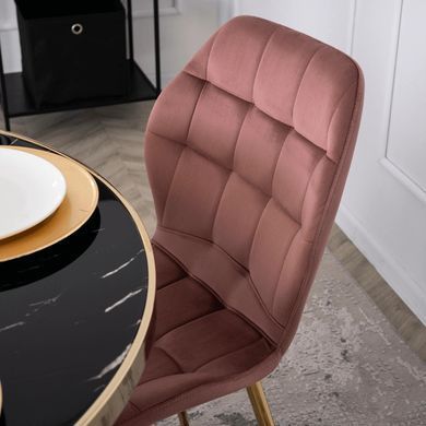 Комплект стіл MEBEL ELITE TINGA 100х100 см Чорний/золото +4 стільці LUCKY Velvet Рожевий/золото жива фотографія