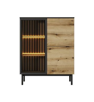 Витрина низкая с подсветкой Perfect Home Ланг/Lang 3-дверная 3D1W/100 Черный/дуб эвок реальная фотография