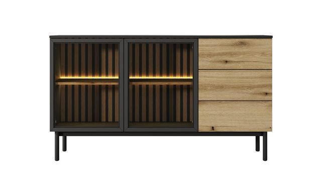 Комод с подсветкой Perfect Home Ланг/Lang 2-дверный с 3 ящиками 2D3S/150 Черный/дуб эвок реальная фотография