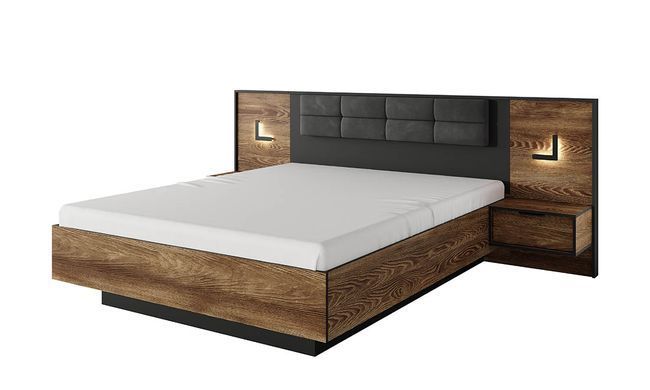 Ліжко з 2 тумбами СТОКГОЛЬМ Prestol 160x200 Каштан / Антрацит з підсвіткою та двома тумбами без основи під матрац жива фотографія