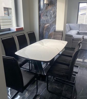 Cтол обеденный ARMANI Ceramic Signal 160(220)X90 Эффект Мрамора Белый / Черный Мат реальная фотография