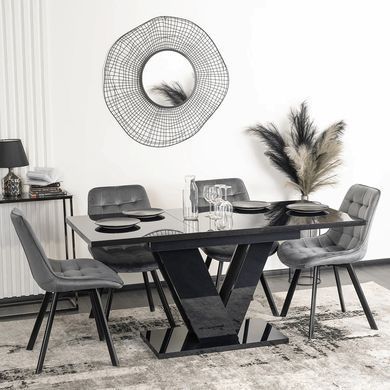 Комплект стіл MEBEL ELITE CLARK 120(160)х80 см глянцевий чорний, та 4 стільців RICK, сірого кольору жива фотографія