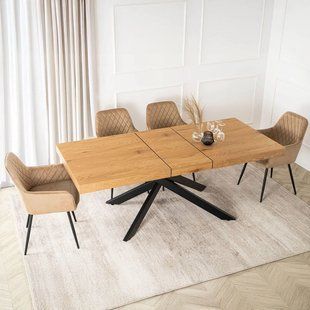 Комплект стол MEBEL ELITE HAMPTON 160(240)х90 см, дуб /черный, и 4 стульев BRESSO беж реальная фотография