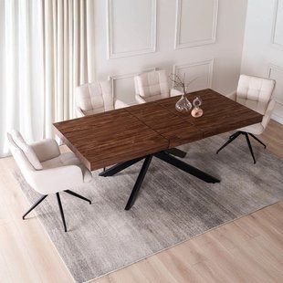 Комплект стола MEBEL ELITE HAMPTON 160(240)х90 см, орех/черный и 4 кремовых стульев AKITA реальная фотография