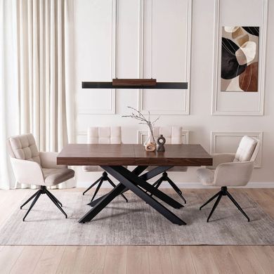Комплект стіл MEBEL ELITE HAMPTON 160(240)х90 см, горіх/чорний та 4 кремових стільців AKITA жива фотографія