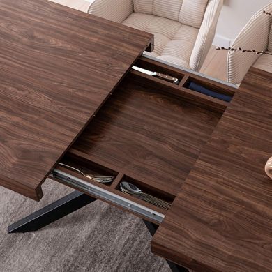 Комплект стіл MEBEL ELITE HAMPTON 160(240)х90 см, горіх/чорний та 4 кремових стільців AKITA жива фотографія